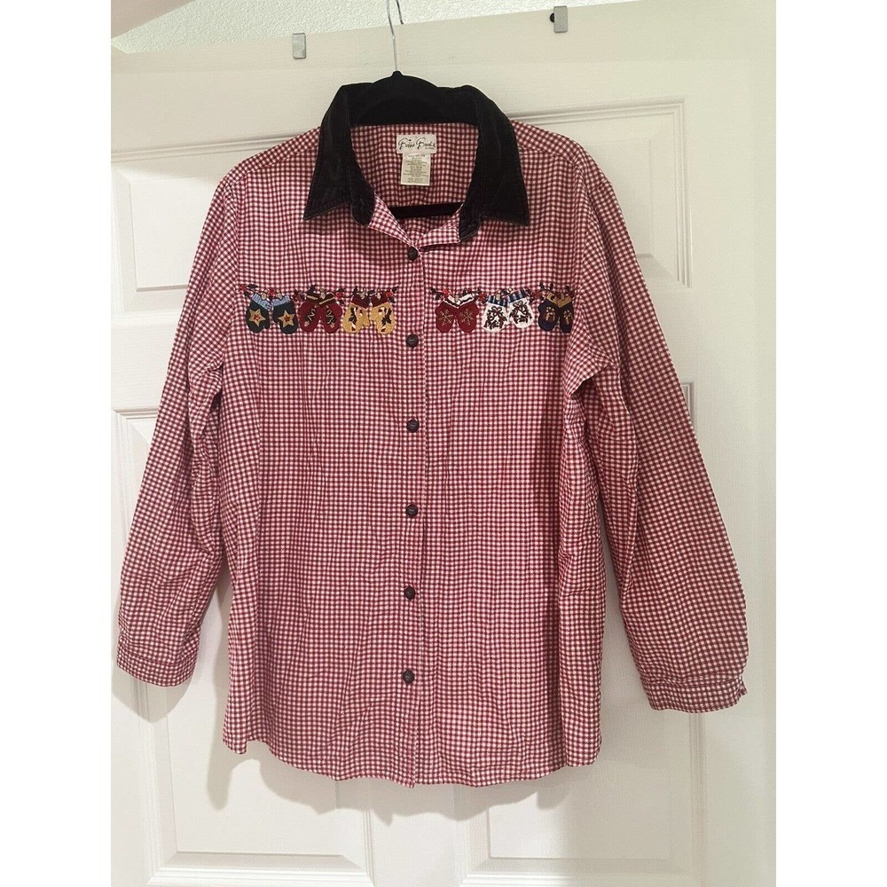 Vtg Bobbie Brooks Flannel Shirt Velvet Collar Sz 18W 20W Gingham Sparkle Mittens